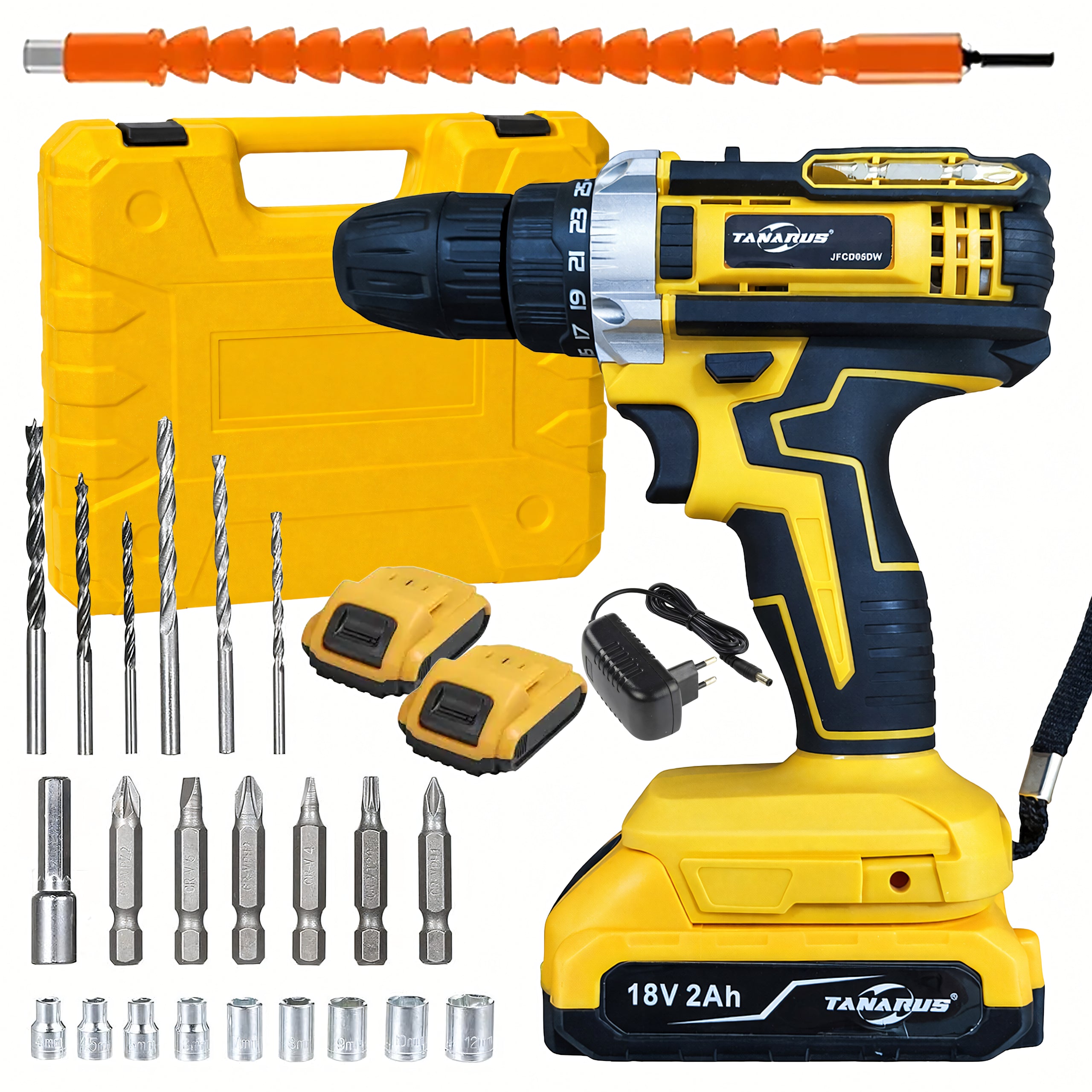 Perceuse-visseuse sans fil, coffret, 2 batteries Aku 18 V 2 Ah avec LED et accessoires