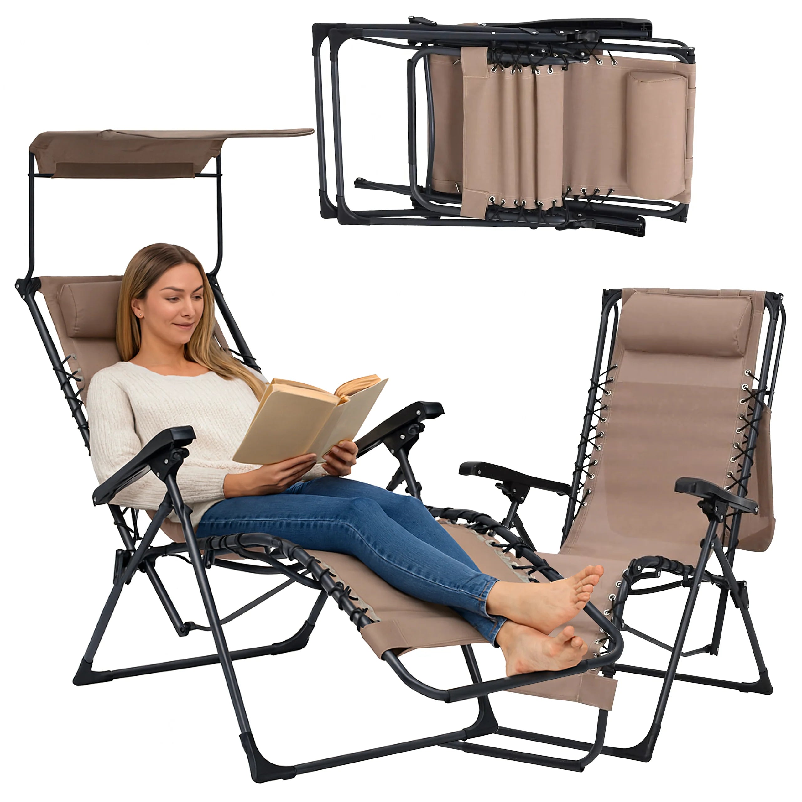 Chaise Longue Pliante Transat  jardin avec Pare-Soleil 51 × 88 × 107 cm