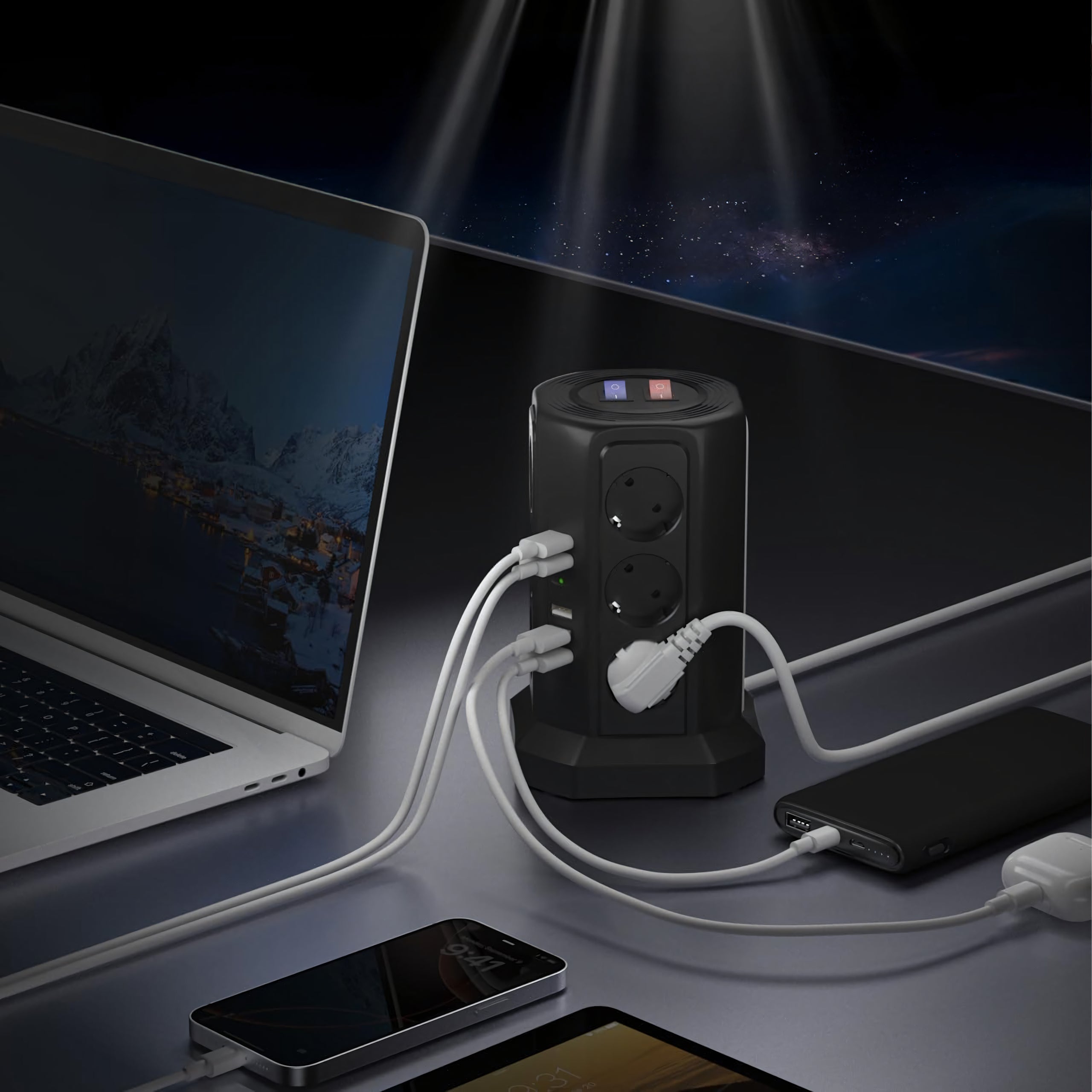 Multiprise sur pied avec protection foudre 12 prises + 5 ports USB