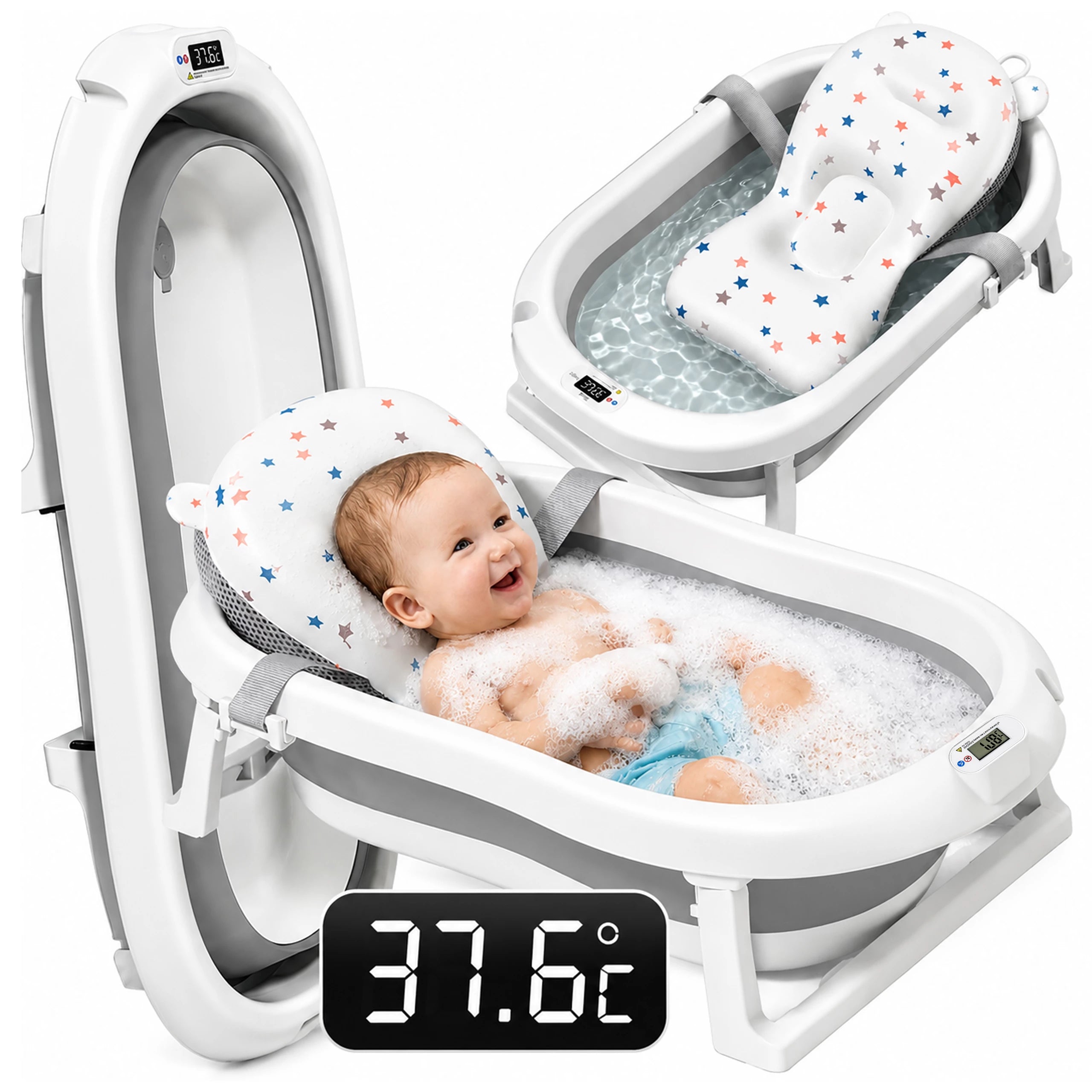 Baignoire bébé pliable avec thermomètre LCD et oreiller