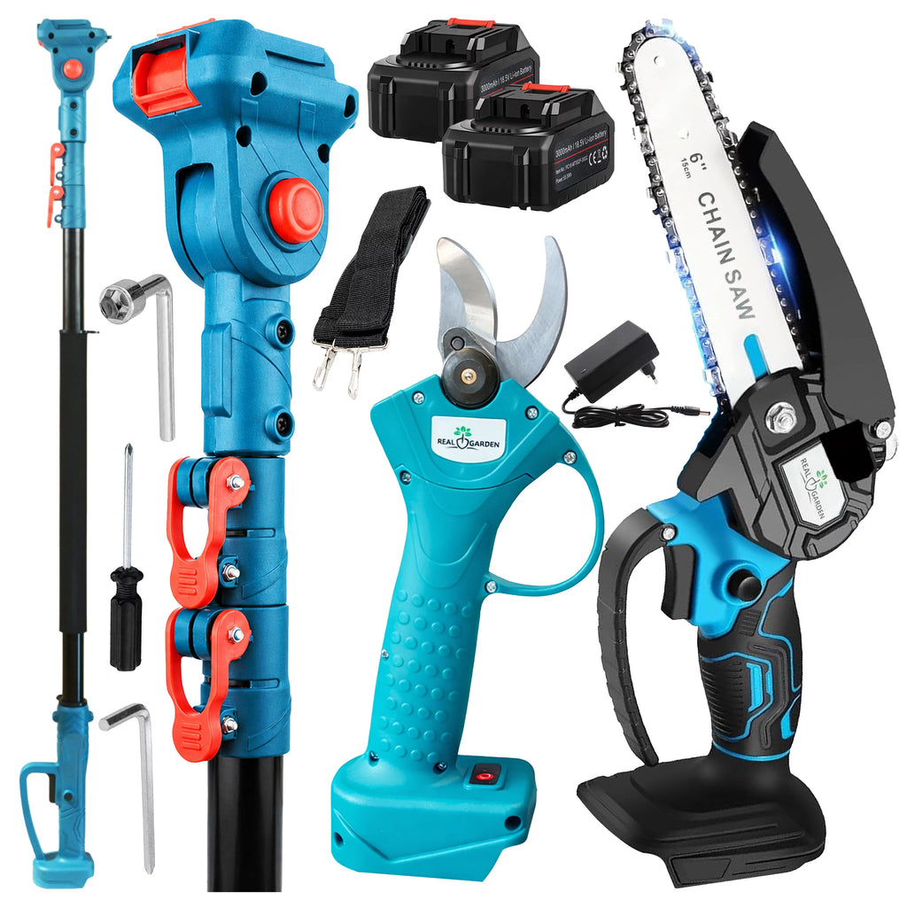 Ensemble 3 en 1 : Tronçonneuse sécateur sans fil + perche + chargeur 2 batteries