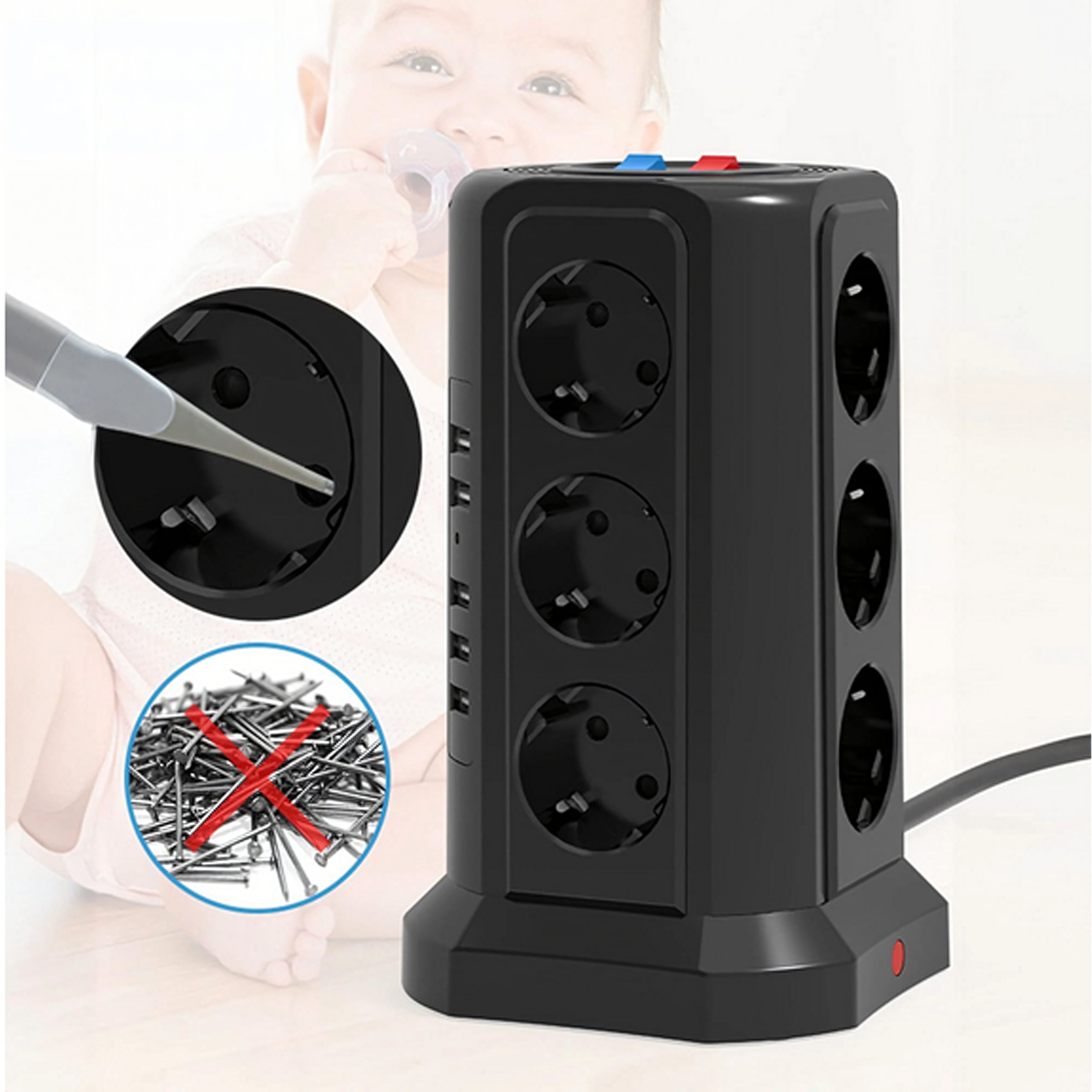 Multiprise sur pied avec protection foudre 12 prises + 5 ports USB