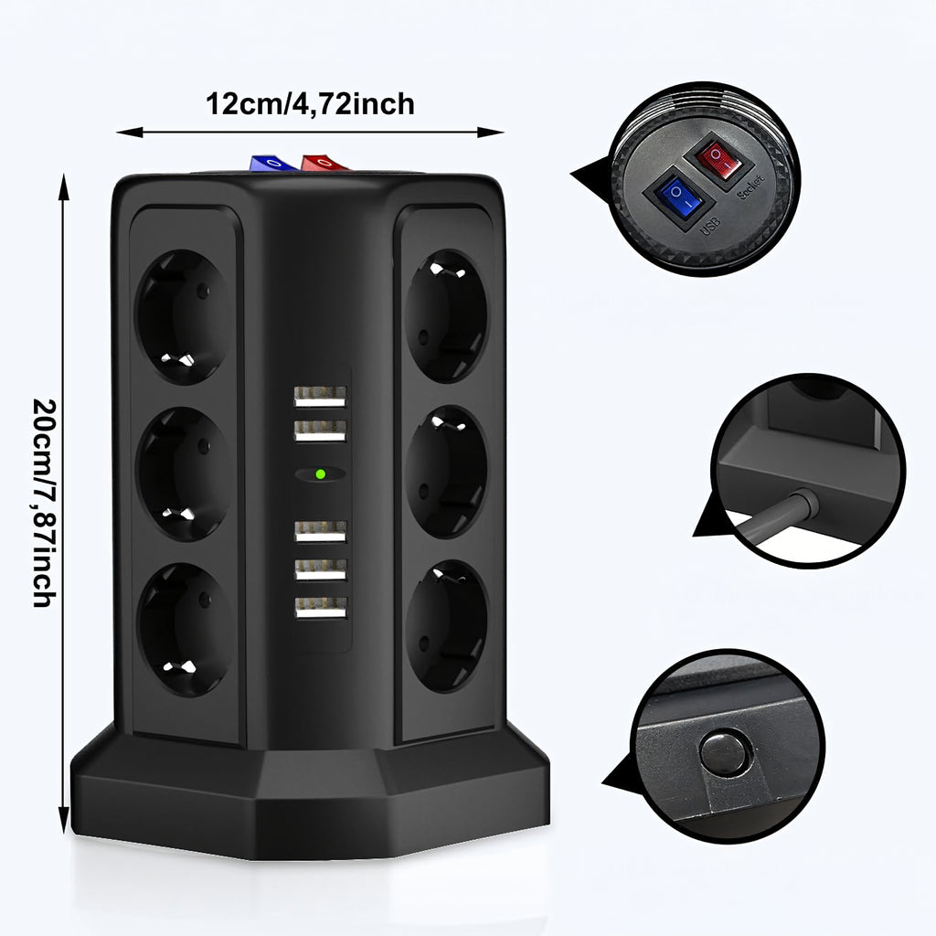 Multiprise sur pied avec protection foudre 12 prises + 5 ports USB