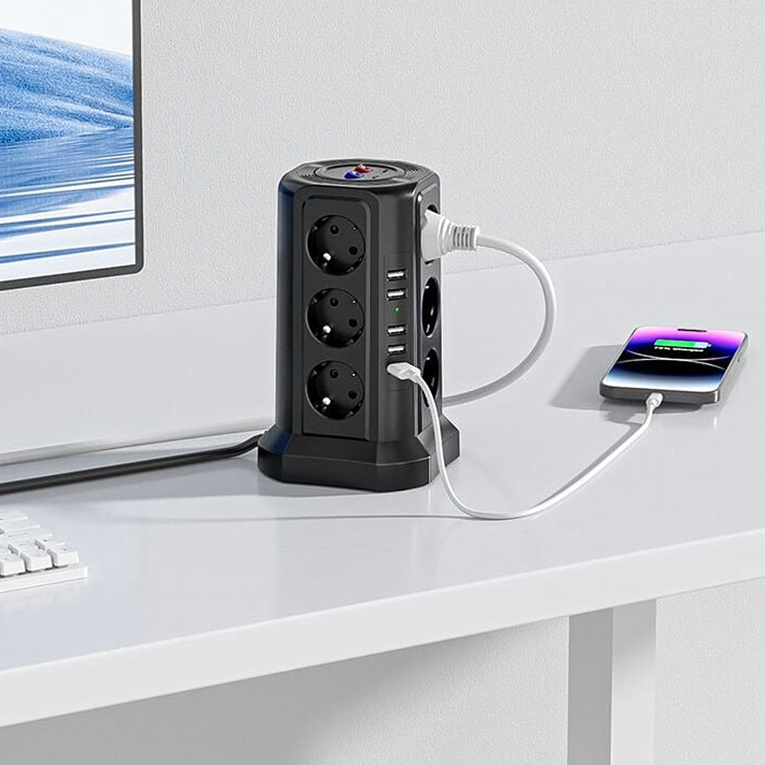 Multiprise sur pied avec protection foudre 12 prises + 5 ports USB
